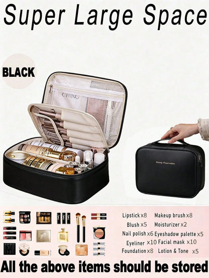1pc Women's Makeup Bag, Travel Makeup Bag, Bathroom Toiletry, Cosmetic Organizer Bag, Double Layer, Smooth PU Leather, Waterproof, Large Capacity, Portable, Women's Cosmetic Storage, Women's Gift, Bir
