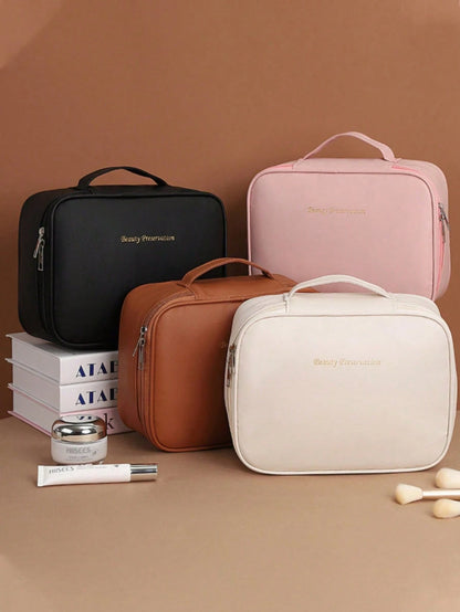 1pc Women's Makeup Bag, Travel Makeup Bag, Bathroom Toiletry, Cosmetic Organizer Bag, Double Layer, Smooth PU Leather, Waterproof, Large Capacity, Portable, Women's Cosmetic Storage, Women's Gift, Bir