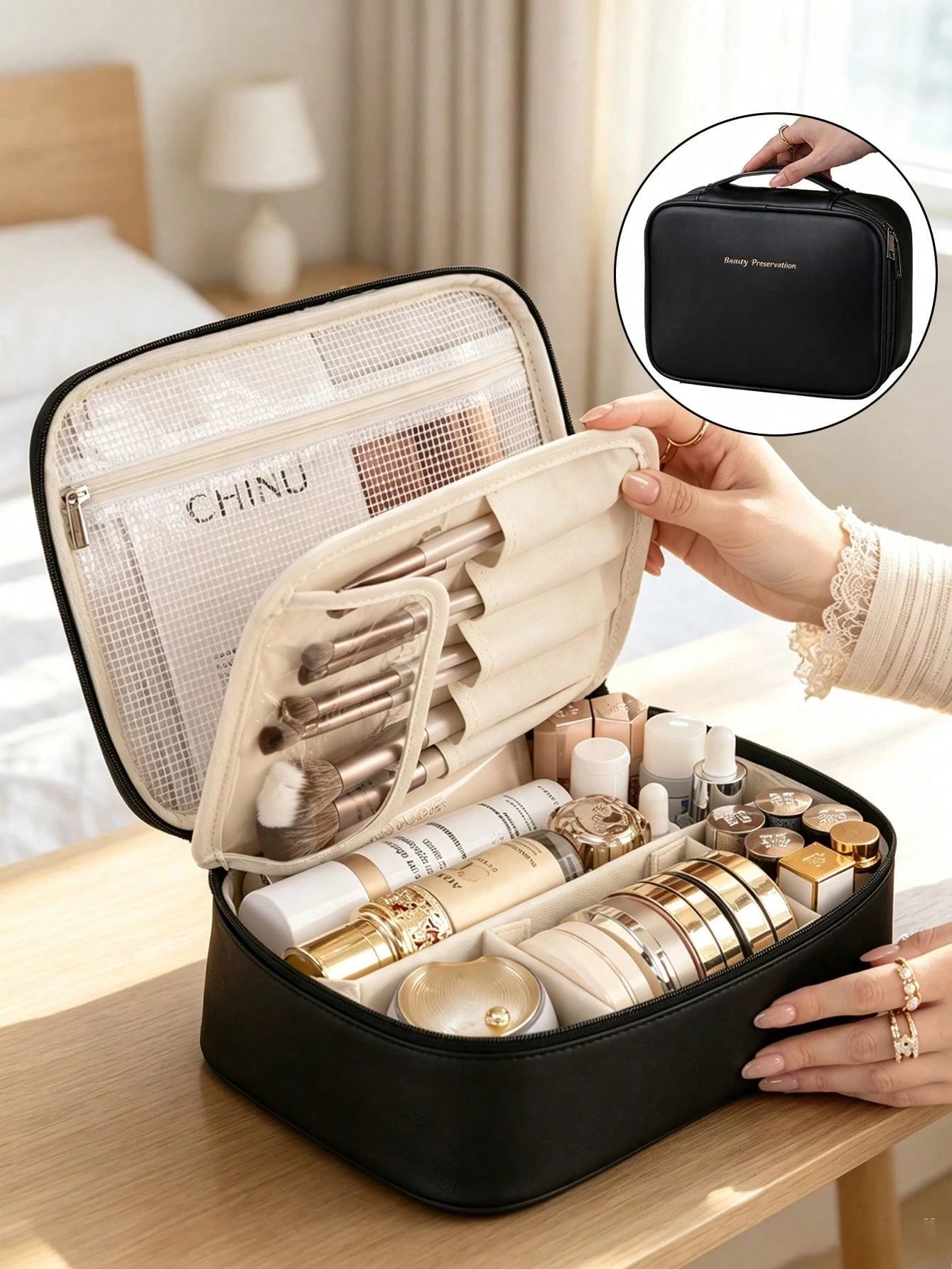 1pc Women's Makeup Bag, Travel Makeup Bag, Bathroom Toiletry, Cosmetic Organizer Bag, Double Layer, Smooth PU Leather, Waterproof, Large Capacity, Portable, Women's Cosmetic Storage, Women's Gift, Bir