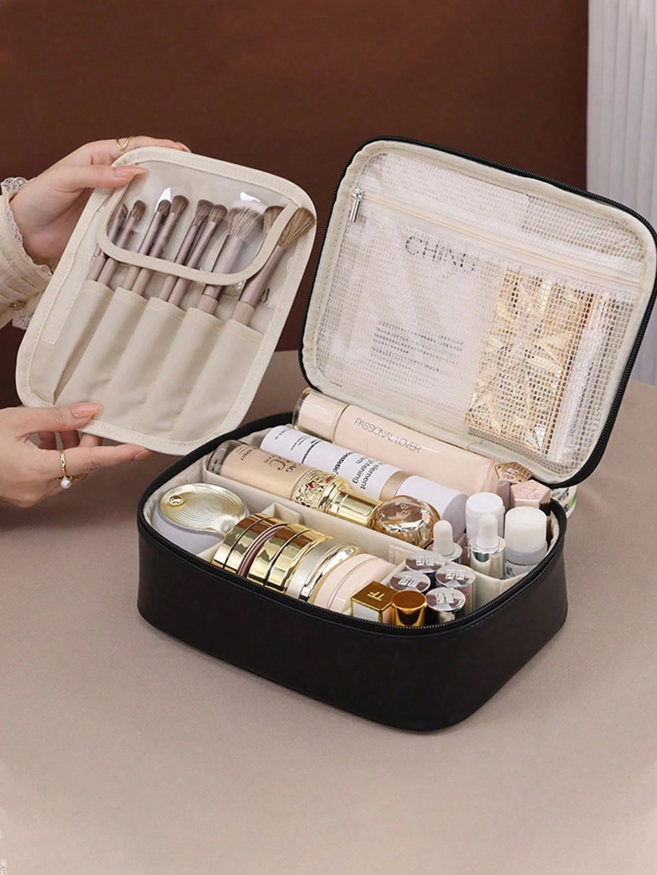 1pc Women's Makeup Bag, Travel Makeup Bag, Bathroom Toiletry, Cosmetic Organizer Bag, Double Layer, Smooth PU Leather, Waterproof, Large Capacity, Portable, Women's Cosmetic Storage, Women's Gift, Bir