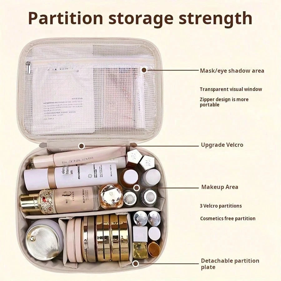 1pc Women's Makeup Bag, Travel Makeup Bag, Bathroom Toiletry, Cosmetic Organizer Bag, Double Layer, Smooth PU Leather, Waterproof, Large Capacity, Portable, Women's Cosmetic Storage, Women's Gift, Bir