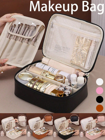 1pc Women's Makeup Bag, Travel Makeup Bag, Bathroom Toiletry, Cosmetic Organizer Bag, Double Layer, Smooth PU Leather, Waterproof, Large Capacity, Portable, Women's Cosmetic Storage, Women's Gift, Bir
