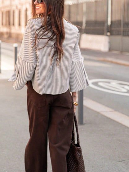 1pc Woven Fabric Casual Minimalist Versatile Button-Down Vertical Striped Collared Shirt Women Spring Autumn Design Breathable Drop Shoulder Slimming Loose Top Vacation Style Airport Outfit Basic Loos