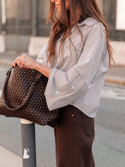 1pc Woven Fabric Casual Minimalist Versatile Button-Down Vertical Striped Collared Shirt Women Spring Autumn Design Breathable Drop Shoulder Slimming Loose Top Vacation Style Airport Outfit Basic Loos