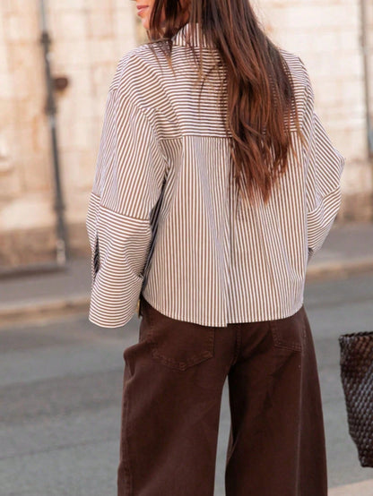 1pc Woven Fabric Casual Minimalist Versatile Button-Down Vertical Striped Collared Shirt Women Spring Autumn Design Breathable Drop Shoulder Slimming Loose Top Vacation Style Airport Outfit Basic Loos