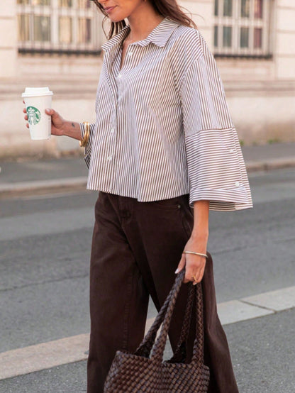 1pc Woven Fabric Casual Minimalist Versatile Button-Down Vertical Striped Collared Shirt Women Spring Autumn Design Breathable Drop Shoulder Slimming Loose Top Vacation Style Airport Outfit Basic Loos