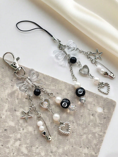 1pc Y2K Style Black & White DIY Phone Lanyard, Black 8 Ball & Bow Decor Phone Charm, Earphone, Camera Pendant Compatible With Android And Most Smartphone,Gifts For Mother, Family, Friends, Birthday, H