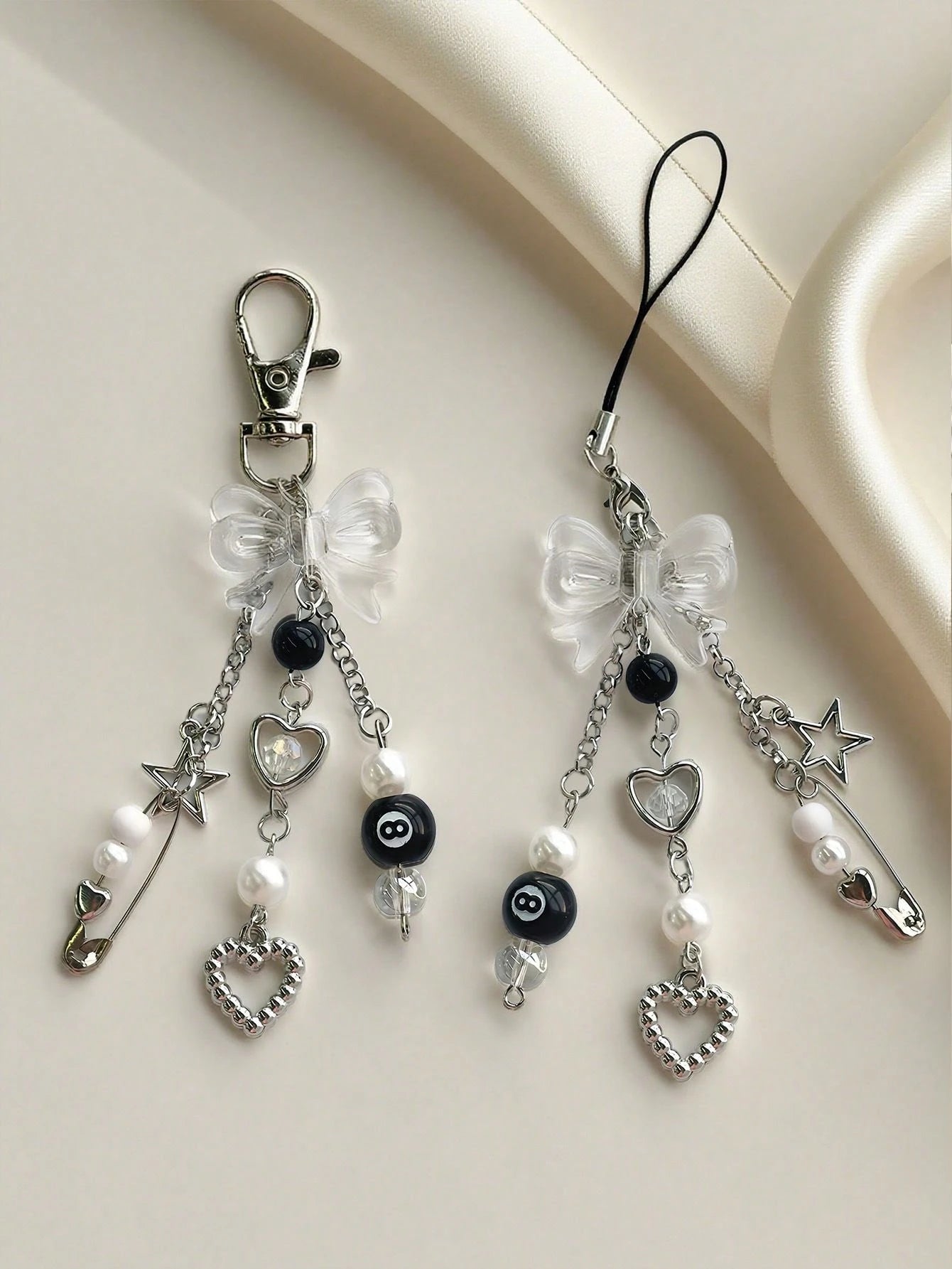 1pc Y2K Style Black & White DIY Phone Lanyard, Black 8 Ball & Bow Decor Phone Charm, Earphone, Camera Pendant Compatible With Android And Most Smartphone,Gifts For Mother, Family, Friends, Birthday, H