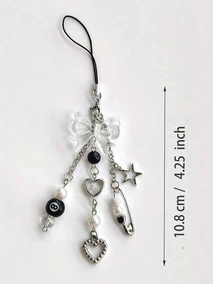 1pc Y2K Style Black & White DIY Phone Lanyard, Black 8 Ball & Bow Decor Phone Charm, Earphone, Camera Pendant Compatible With Android And Most Smartphone,Gifts For Mother, Family, Friends, Birthday, H