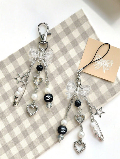 1pc Y2K Style Black & White DIY Phone Lanyard, Black 8 Ball & Bow Decor Phone Charm, Earphone, Camera Pendant Compatible With Android And Most Smartphone,Gifts For Mother, Family, Friends, Birthday, H