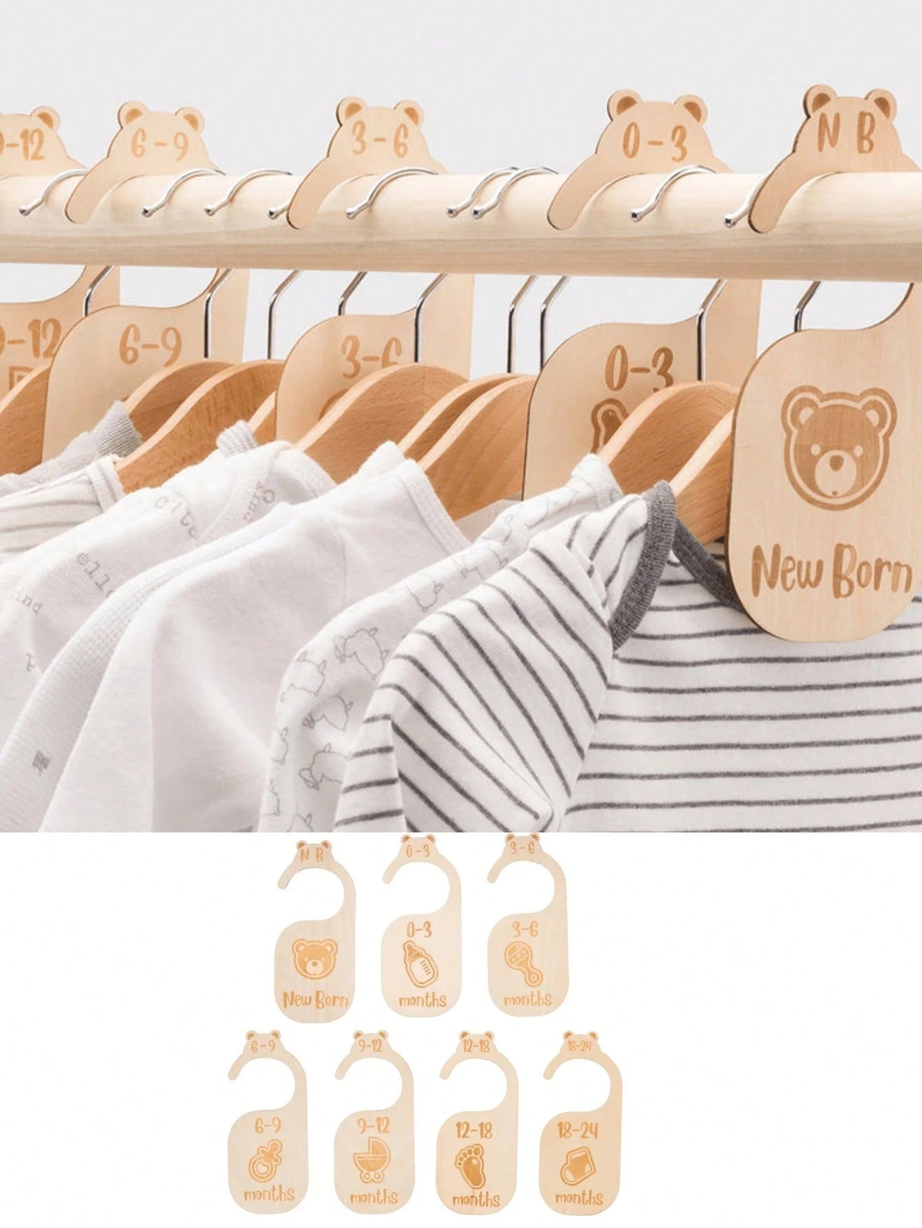1Set/7pcsBeautiful Wooden Baby Closet Dividers- Cute Bear Design For Newborn To 24 Months Size Clothes- Adorable Nursery Decor Hanger Dividers Easily Organize Your Little Baby Girls Or Boys Room