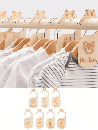 1Set/7pcsBeautiful Wooden Baby Closet Dividers- Cute Bear Design For Newborn To 24 Months Size Clothes- Adorable Nursery Decor Hanger Dividers Easily Organize Your Little Baby Girls Or Boys Room