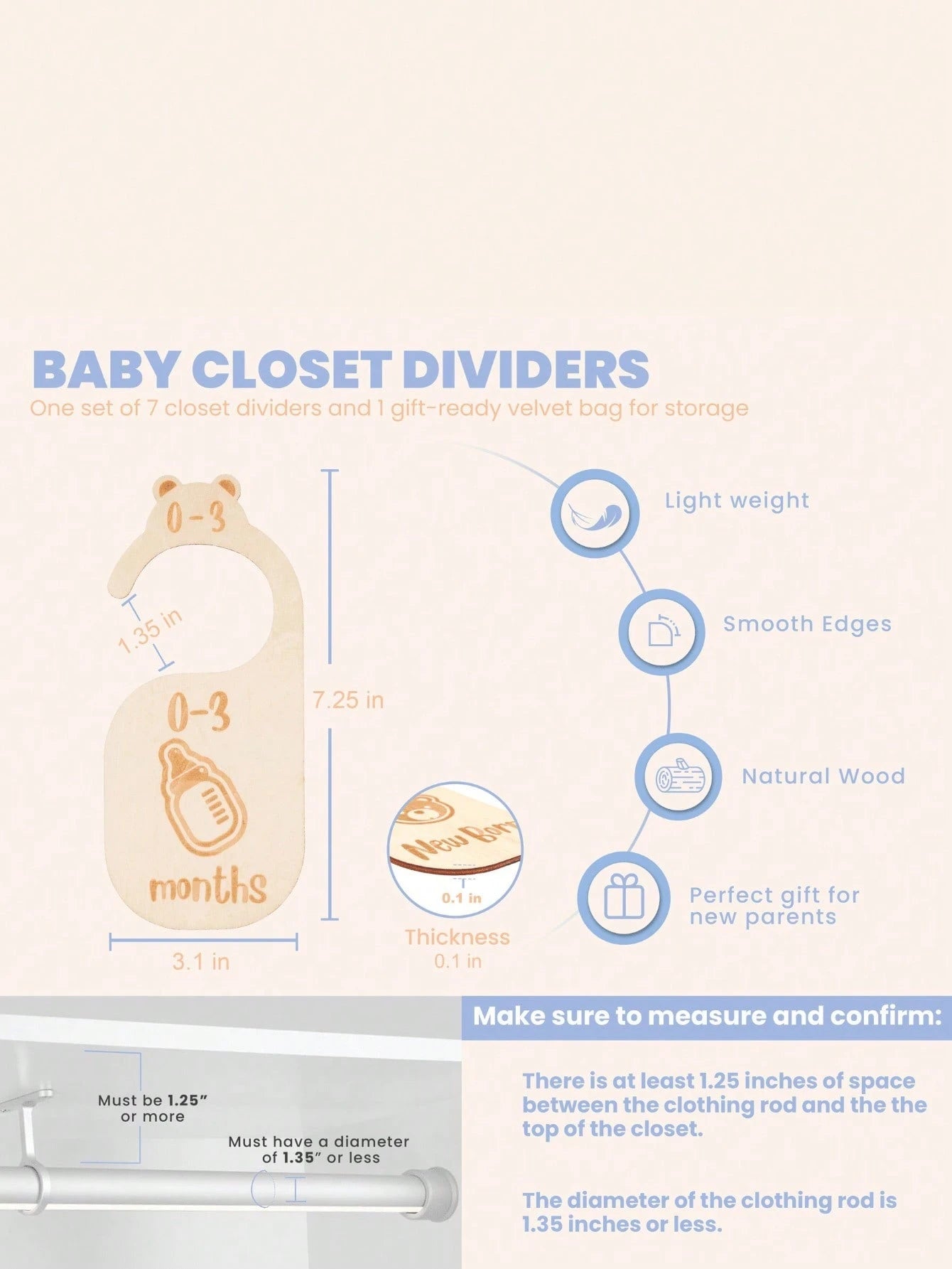 1Set/7pcsBeautiful Wooden Baby Closet Dividers- Cute Bear Design For Newborn To 24 Months Size Clothes- Adorable Nursery Decor Hanger Dividers Easily Organize Your Little Baby Girls Or Boys Room
