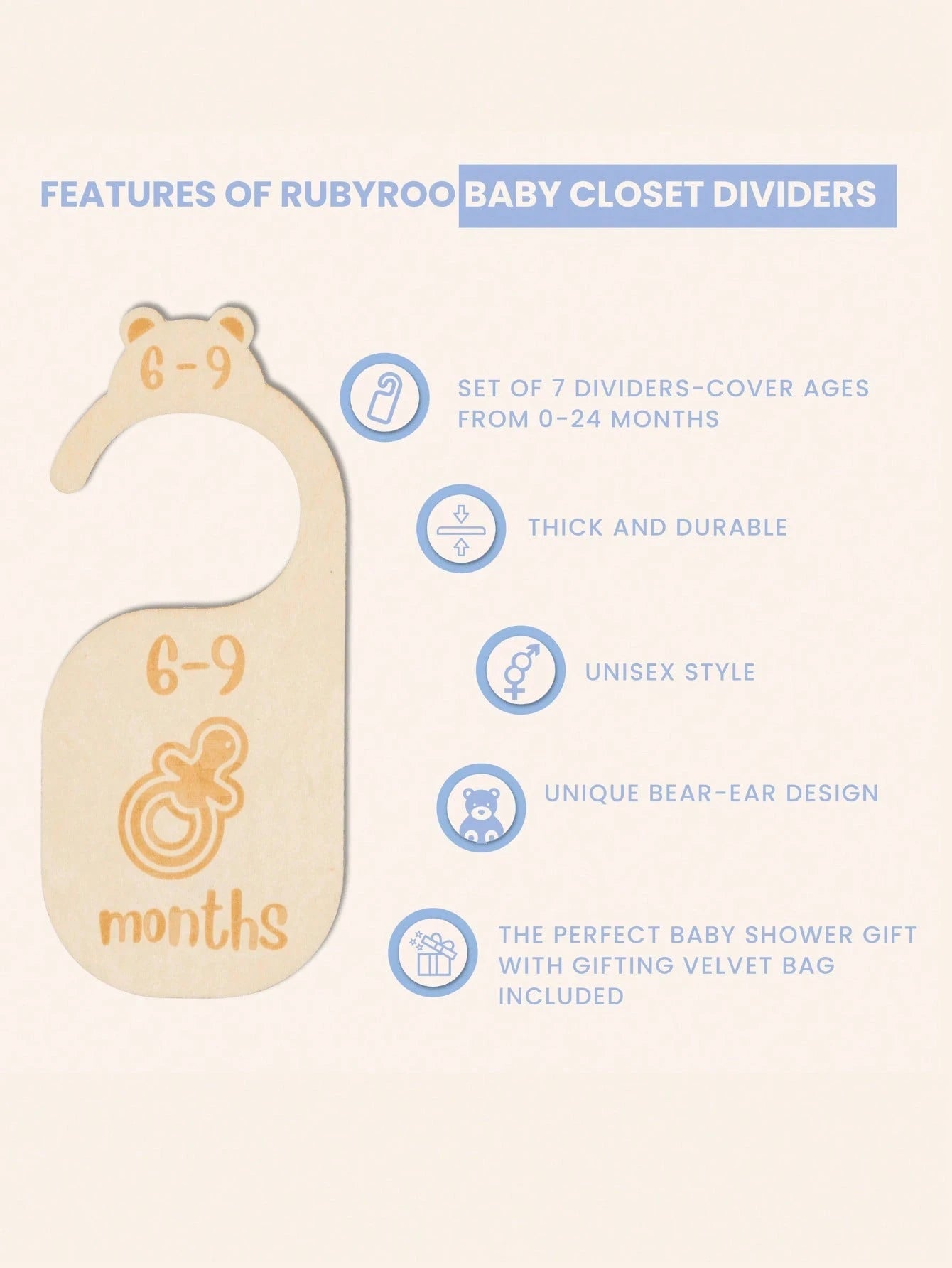 1Set/7pcsBeautiful Wooden Baby Closet Dividers- Cute Bear Design For Newborn To 24 Months Size Clothes- Adorable Nursery Decor Hanger Dividers Easily Organize Your Little Baby Girls Or Boys Room