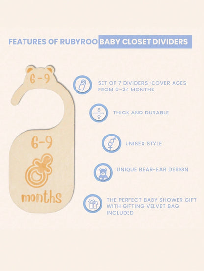 1Set/7pcsBeautiful Wooden Baby Closet Dividers- Cute Bear Design For Newborn To 24 Months Size Clothes- Adorable Nursery Decor Hanger Dividers Easily Organize Your Little Baby Girls Or Boys Room