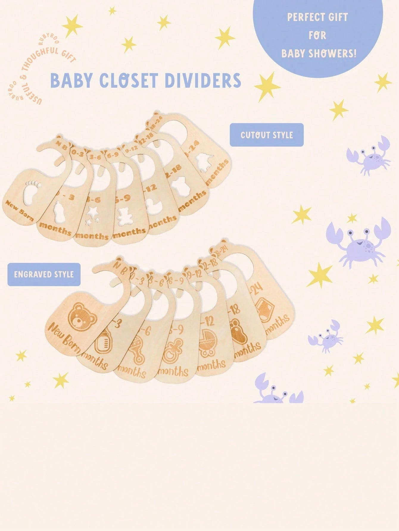 1Set/7pcsBeautiful Wooden Baby Closet Dividers- Cute Bear Design For Newborn To 24 Months Size Clothes- Adorable Nursery Decor Hanger Dividers Easily Organize Your Little Baby Girls Or Boys Room