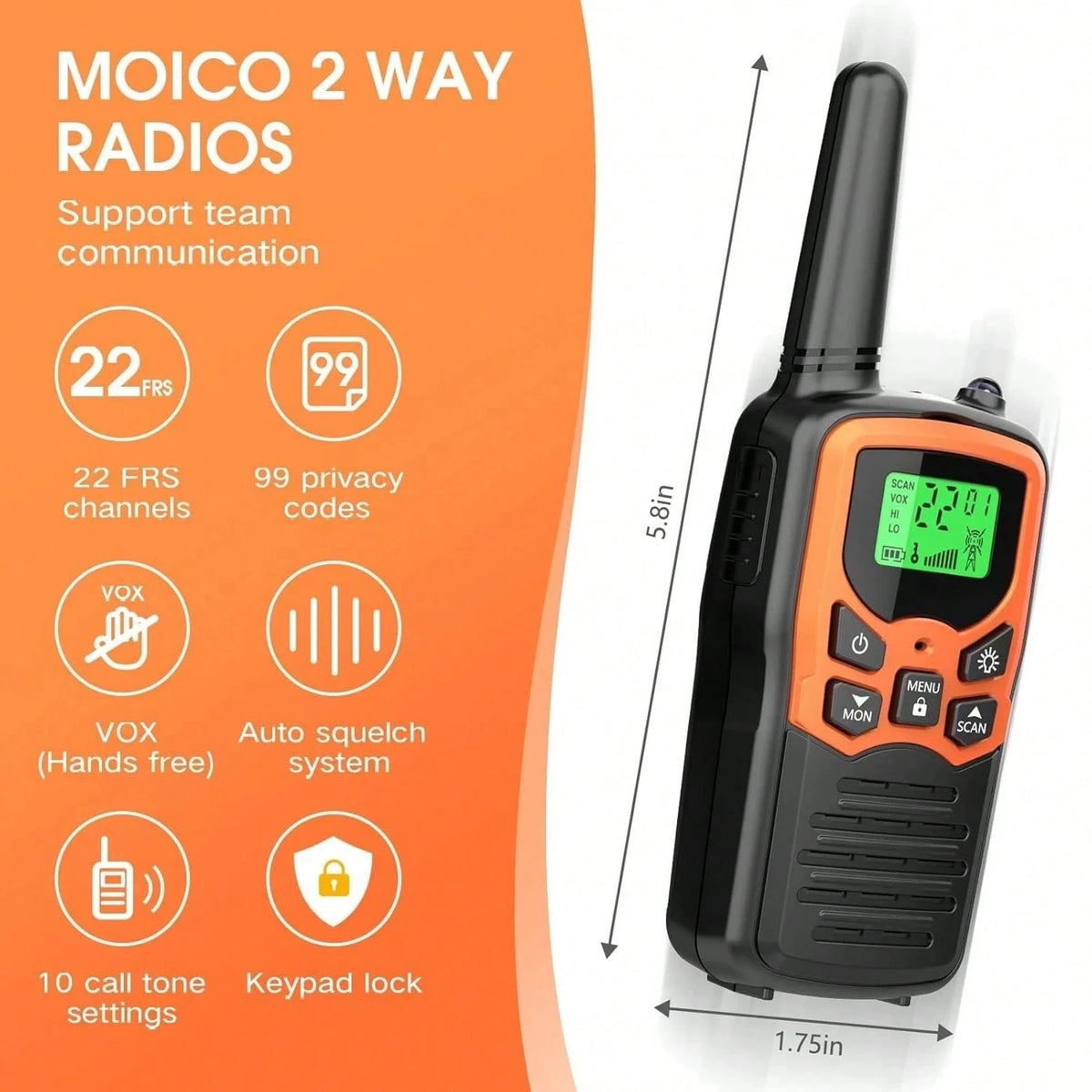 2/4 Pack Walkie Talkies With 22 FRS Channels Walkie Talkies For Adults With LED Flashlight VOX Scan LCD Display, Long Range Family Radios For Hiking Camping Trip (Orange)