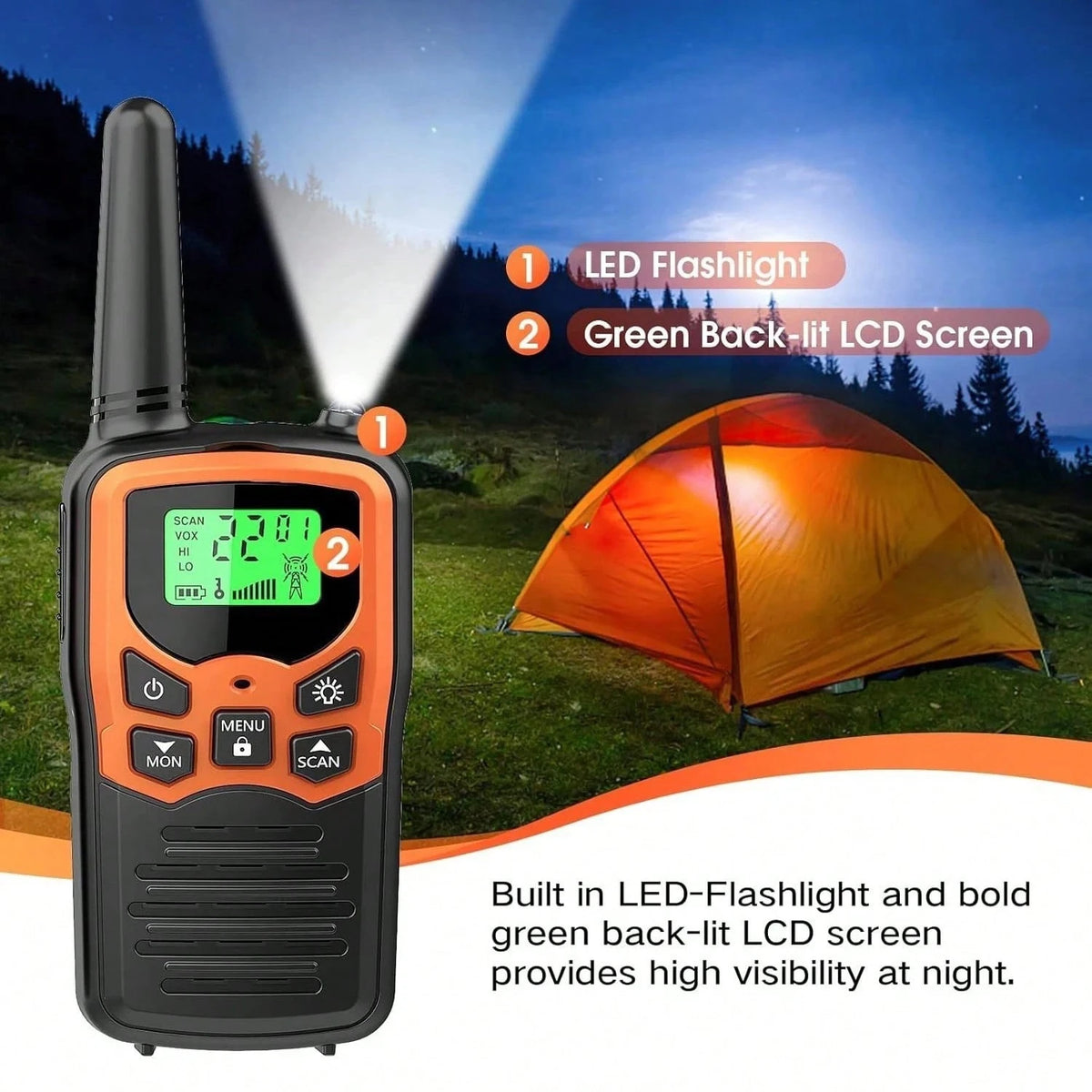 2/4 Pack Walkie Talkies With 22 FRS Channels Walkie Talkies For Adults With LED Flashlight VOX Scan LCD Display, Long Range Family Radios For Hiking Camping Trip (Orange)