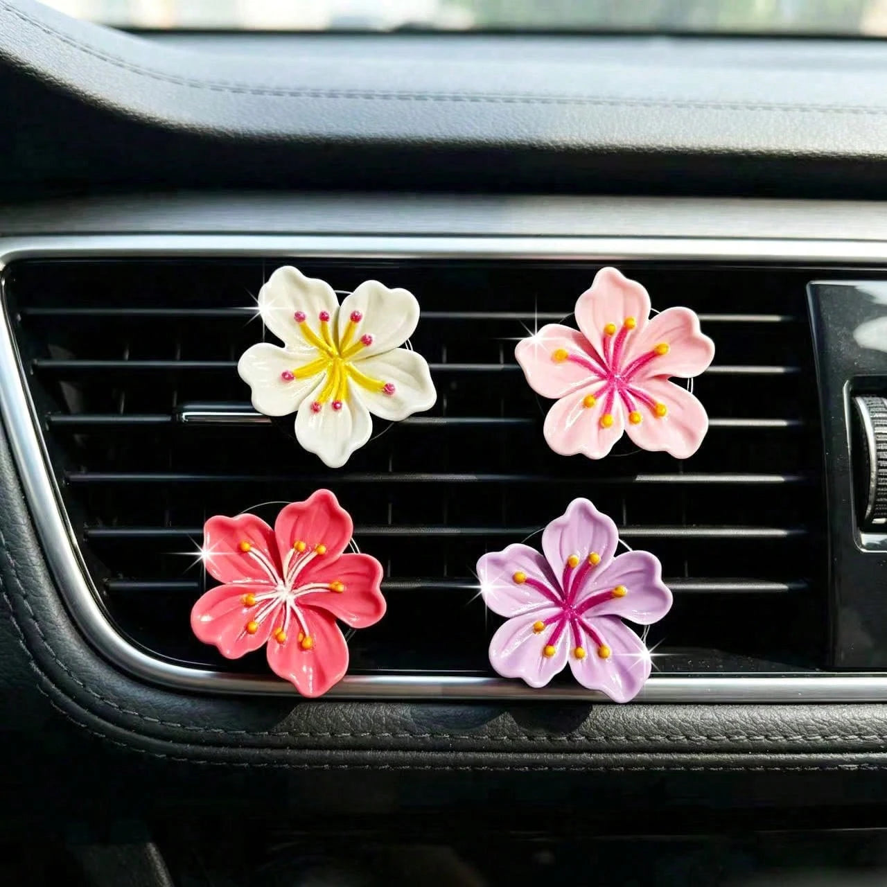 2/4pcs Cute Cherry Blossom Car Air Vent Fragrance Clip Fresh Flower Car Air Conditioner Vent Decor Ornament Car Interior Fragrance Accessory (Includes PE Solid Fragrance Pad)