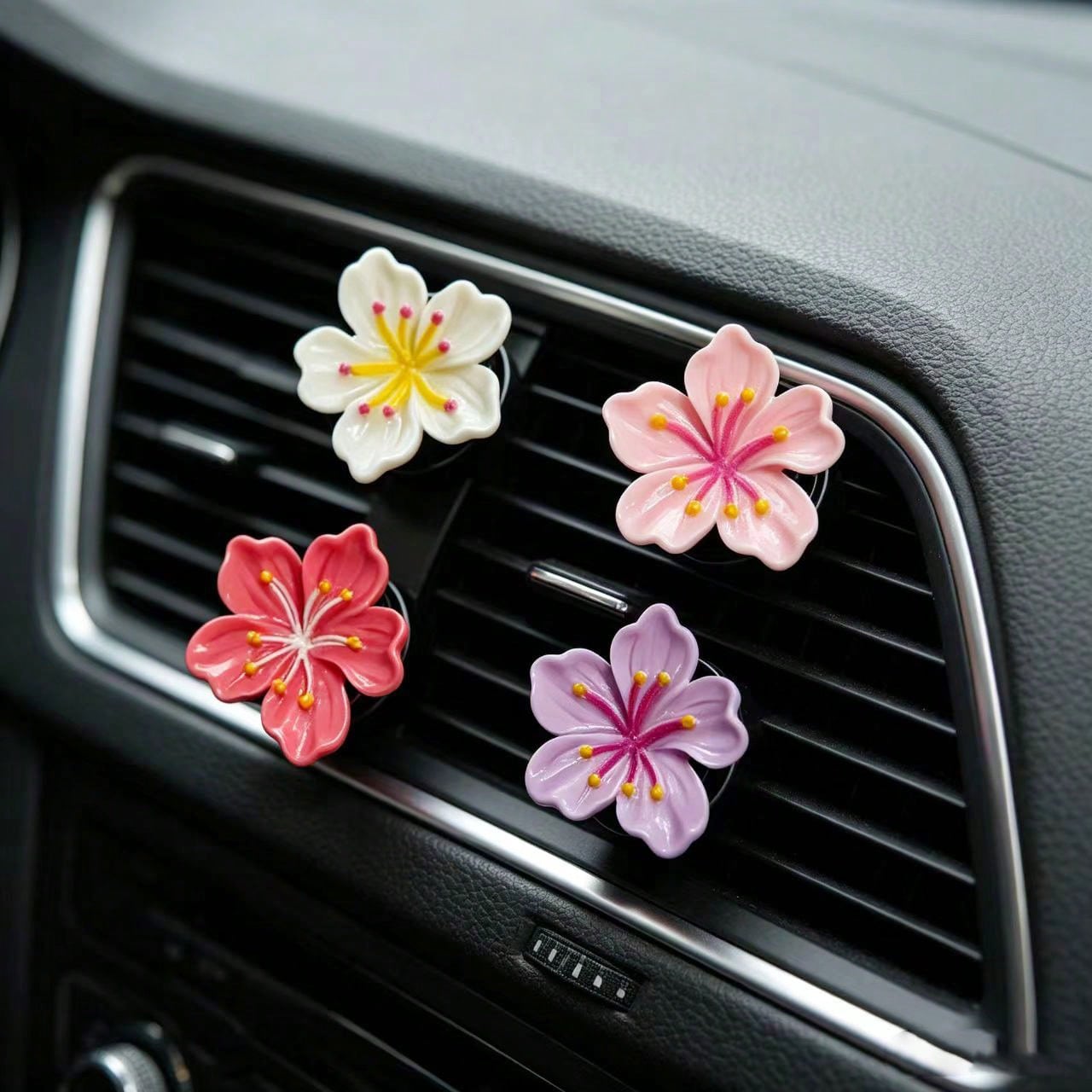 2/4pcs Cute Cherry Blossom Car Air Vent Fragrance Clip Fresh Flower Car Air Conditioner Vent Decor Ornament Car Interior Fragrance Accessory (Includes PE Solid Fragrance Pad)