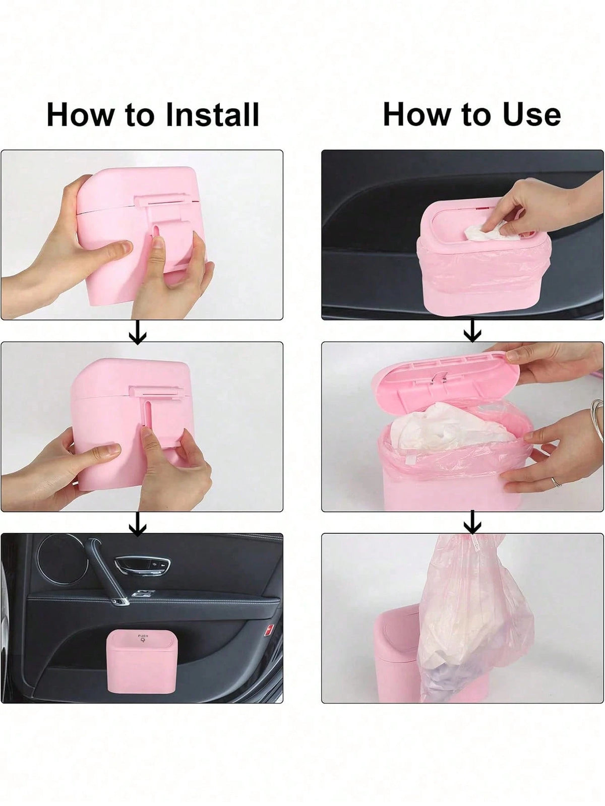 2/7pcs Car Trash Can Side Door Hanging With Lid Storage Bin + Trash Bag Set, Cute And Practical Car Trash Can And Trash Bag