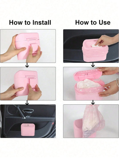 2/7pcs Car Trash Can Side Door Hanging With Lid Storage Bin + Trash Bag Set, Cute And Practical Car Trash Can And Trash Bag
