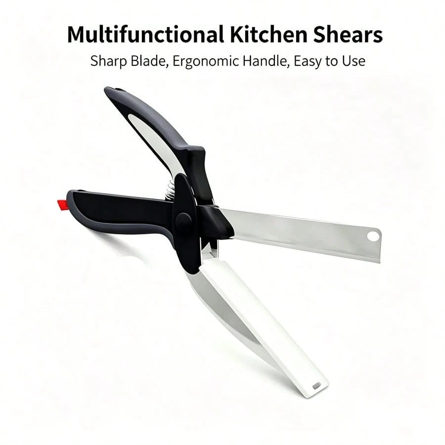 2 In 1 Kitchen Scissors For Food – Stainless Steel Blade & Plastic Cutting Board Scissors With Safety Lock| 9.6" Tomato Knife, Fruit & Vegetable Cutter – Easy-To-Use Kitchen Shears For Meat, Cheese