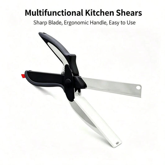 2 In 1 Kitchen Scissors For Food – Stainless Steel Blade & Plastic Cutting Board Scissors With Safety Lock| 9.6" Tomato Knife, Fruit & Vegetable Cutter – Easy-To-Use Kitchen Shears For Meat, Cheese