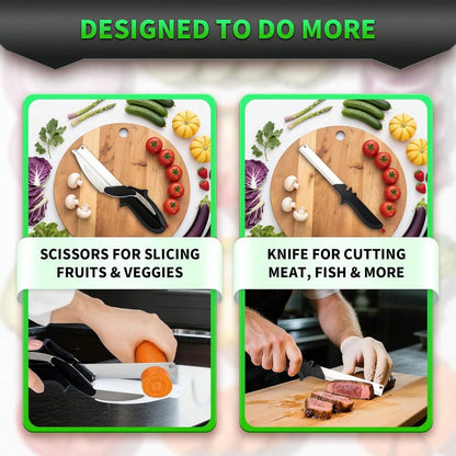 2 In 1 Kitchen Scissors For Food – Stainless Steel Blade & Plastic Cutting Board Scissors With Safety Lock| 9.6" Tomato Knife, Fruit & Vegetable Cutter – Easy-To-Use Kitchen Shears For Meat, Cheese