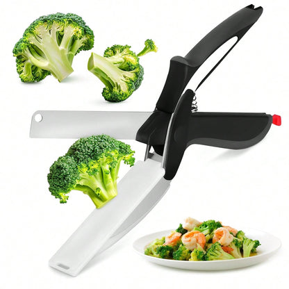 2 In 1 Kitchen Scissors For Food – Stainless Steel Blade & Plastic Cutting Board Scissors With Safety Lock| 9.6" Tomato Knife, Fruit & Vegetable Cutter – Easy-To-Use Kitchen Shears For Meat, Cheese