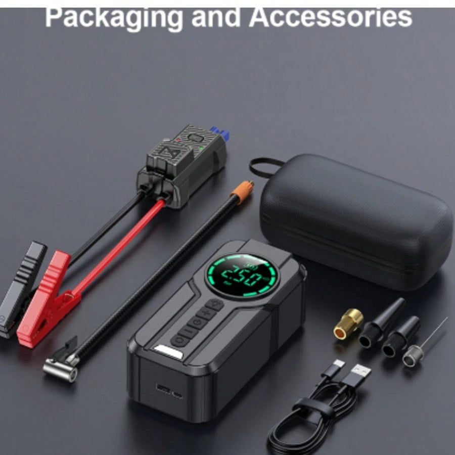 2-In-1 Portable Car Jump Starter With 150PSI Air Compressor,1000A Peak 6000mAh 12V Car Battery Booster Tire Inflator,LED Light USB Power Bank Smart Safety Protection For Gas Oil-Fueled Engine Vehicle