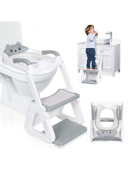 2-IN-1 Potty Training Toilet Seat With Step Stool For Toddler, Stability Training Potty Seat For Kids Boys Girls With Splash Guard And Anti-Slip Pad, Adjustable Ladder & Potty Seat Height, Grey