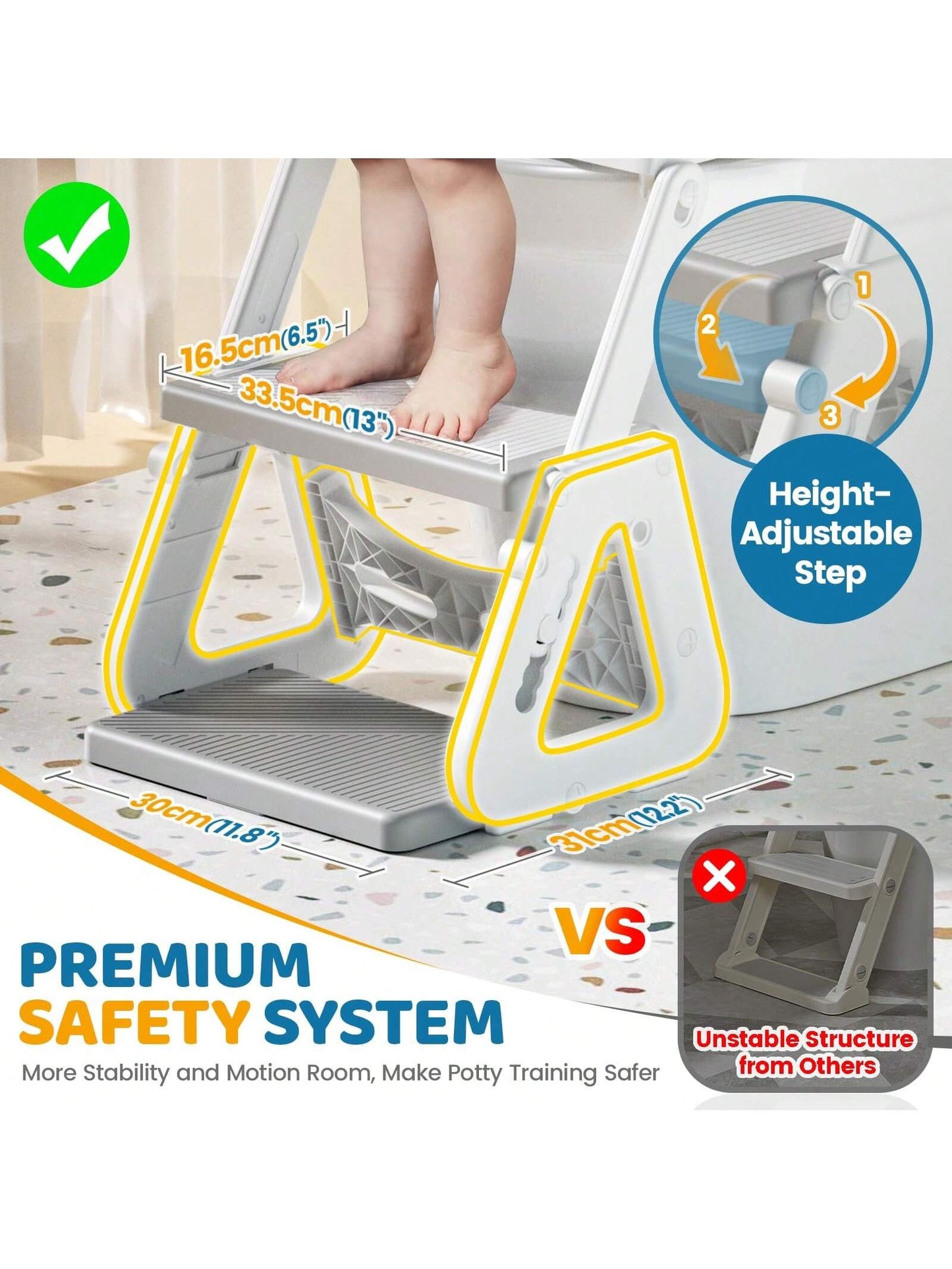 2-IN-1 Potty Training Toilet Seat With Step Stool For Toddler, Stability Training Potty Seat For Kids Boys Girls With Splash Guard And Anti-Slip Pad, Adjustable Ladder & Potty Seat Height, Grey