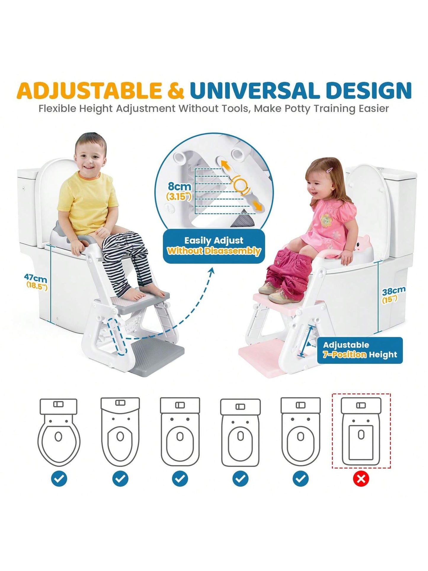 2-IN-1 Potty Training Toilet Seat With Step Stool For Toddler, Stability Training Potty Seat For Kids Boys Girls With Splash Guard And Anti-Slip Pad, Adjustable Ladder & Potty Seat Height, Grey