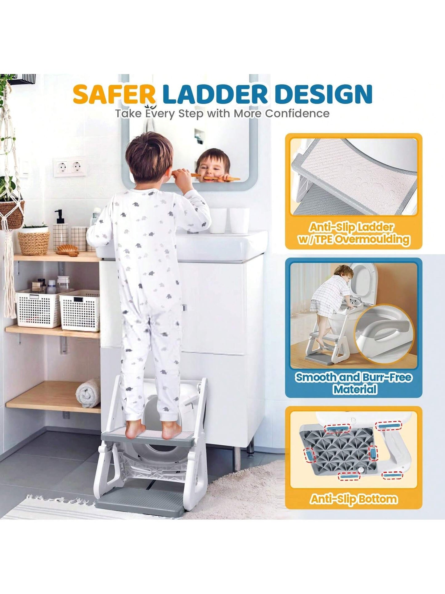 2-IN-1 Potty Training Toilet Seat With Step Stool For Toddler, Stability Training Potty Seat For Kids Boys Girls With Splash Guard And Anti-Slip Pad, Adjustable Ladder & Potty Seat Height, Grey