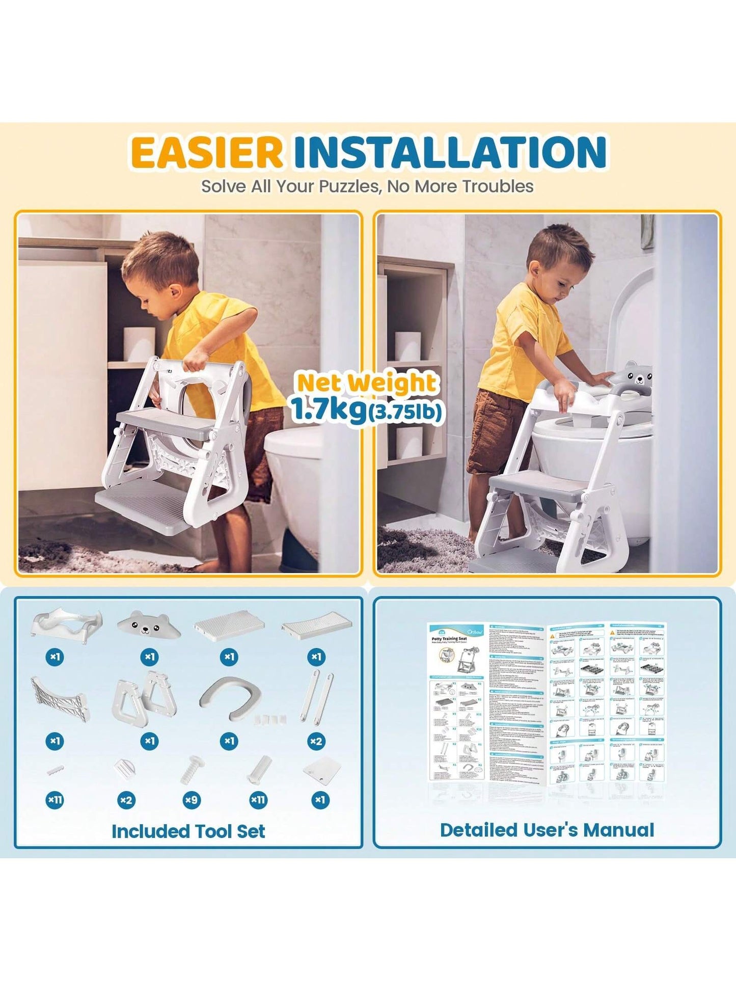 2-IN-1 Potty Training Toilet Seat With Step Stool For Toddler, Stability Training Potty Seat For Kids Boys Girls With Splash Guard And Anti-Slip Pad, Adjustable Ladder & Potty Seat Height, Grey