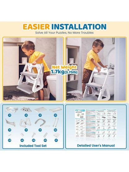 2-IN-1 Potty Training Toilet Seat With Step Stool For Toddler, Stability Training Potty Seat For Kids Boys Girls With Splash Guard And Anti-Slip Pad, Adjustable Ladder & Potty Seat Height, Grey
