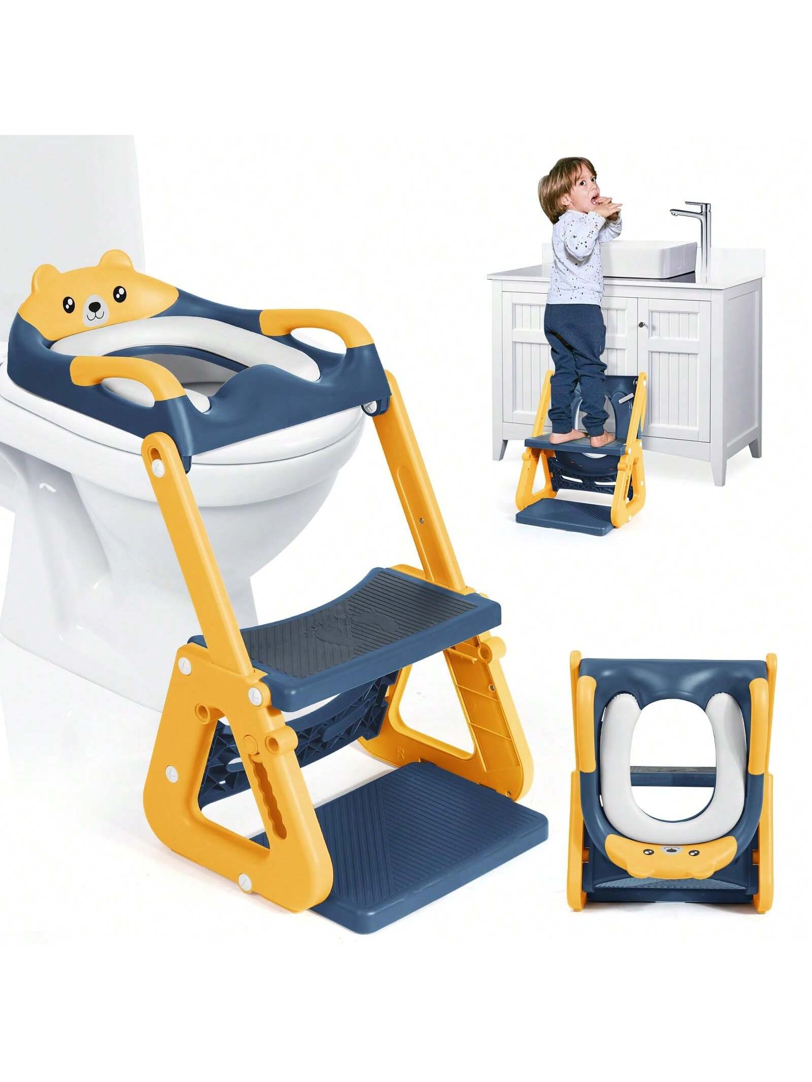 2-IN-1 Potty Training Toilet Seat With Step Stool For Toddler, Stability Training Potty Seat For Kids Boys Girls With Splash Guard And Anti-Slip Pad, Adjustable Ladder & Potty Seat Height, Grey