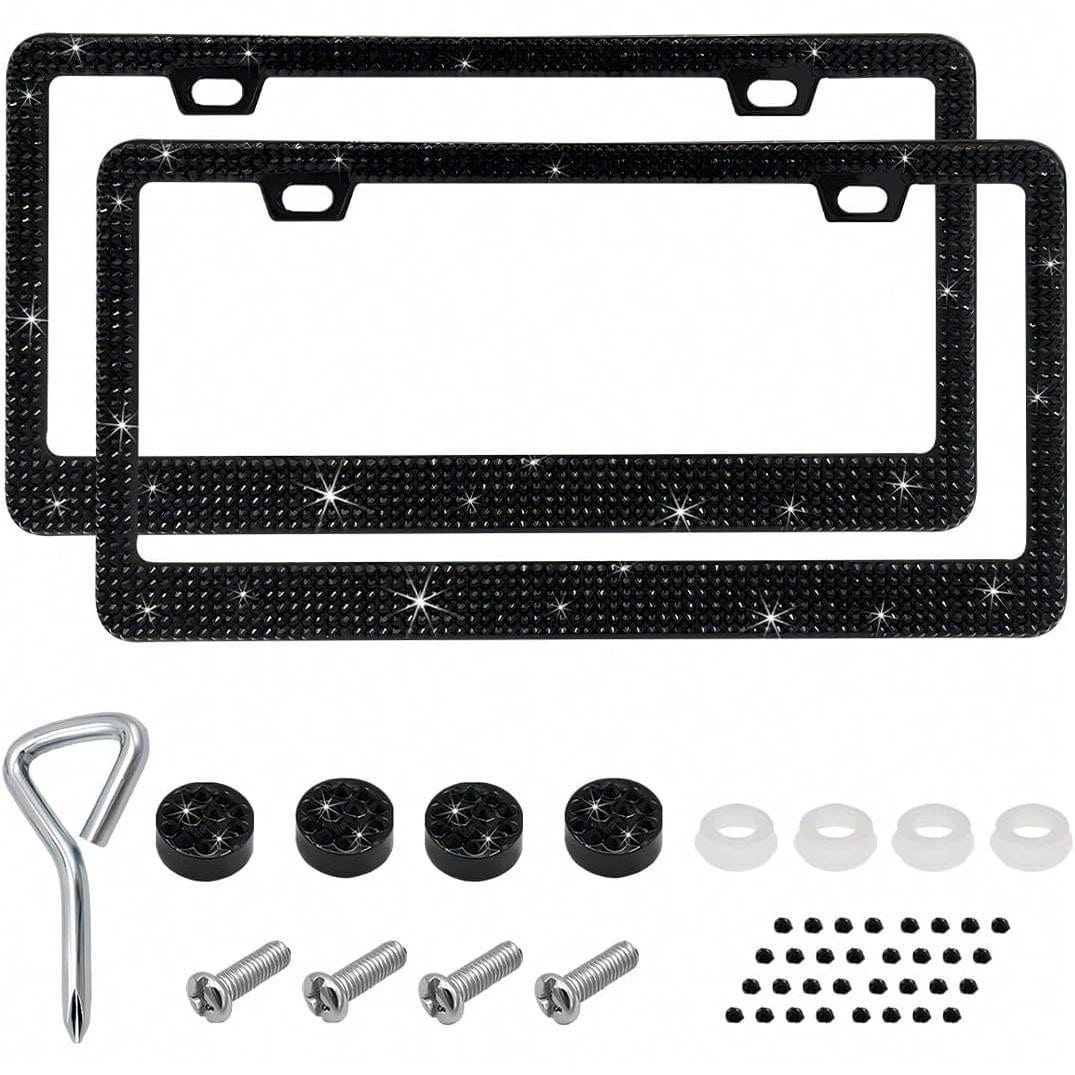 2 PCS Bling License Plate Frame, Stainless Steel Glitter Crystal Diamond License Plate Cover Holder, Car Accessories Outdoorfun