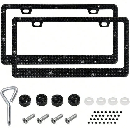 2 PCS Bling License Plate Frame, Stainless Steel Glitter Crystal Diamond License Plate Cover Holder, Car Accessories Outdoorfun