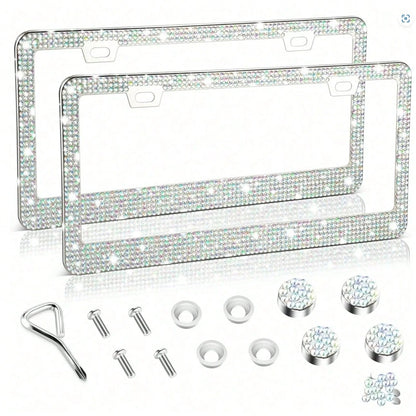 2 PCS Bling License Plate Frame, Stainless Steel Glitter Crystal Diamond License Plate Cover Holder, Car Accessories Outdoorfun