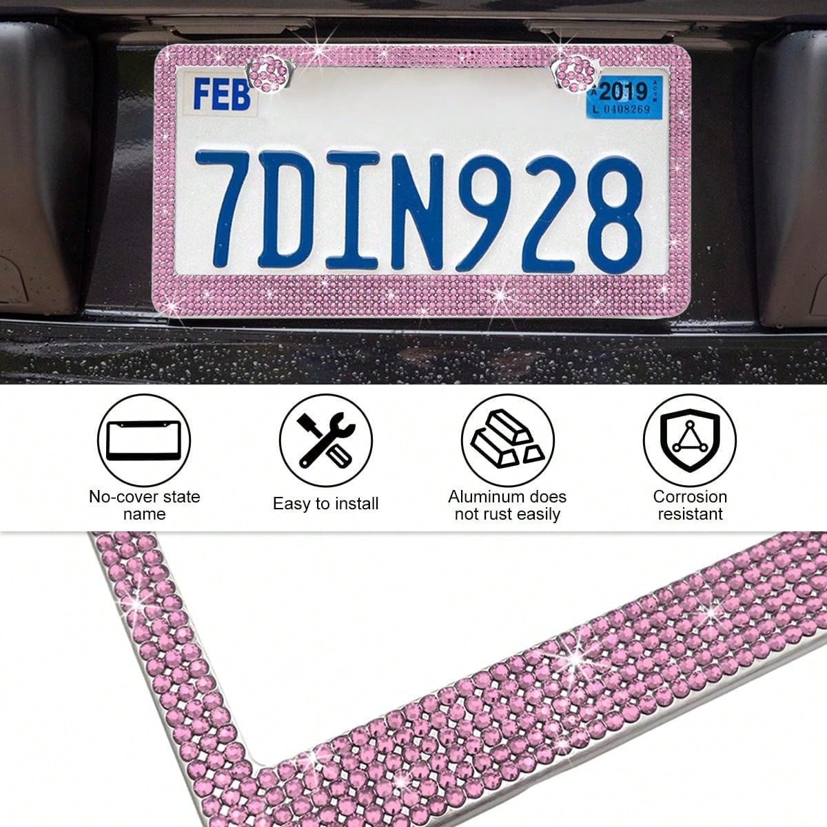 2 PCS Bling License Plate Frame, Stainless Steel Glitter Crystal Diamond License Plate Cover Holder, Car Accessories Outdoorfun