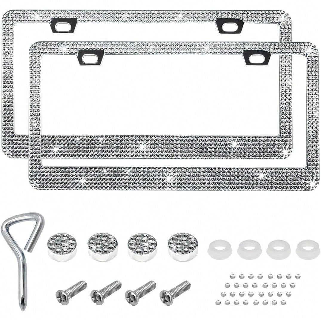 2 PCS Bling License Plate Frame, Stainless Steel Glitter Crystal Diamond License Plate Cover Holder, Car Accessories Outdoorfun