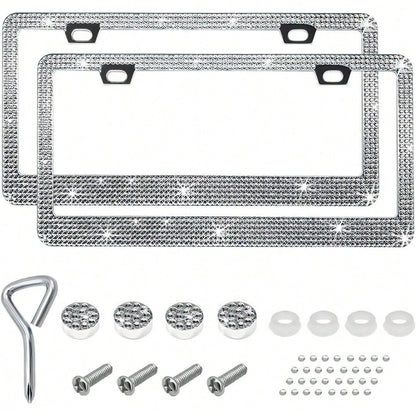 2 PCS Bling License Plate Frame, Stainless Steel Glitter Crystal Diamond License Plate Cover Holder, Car Accessories Outdoorfun