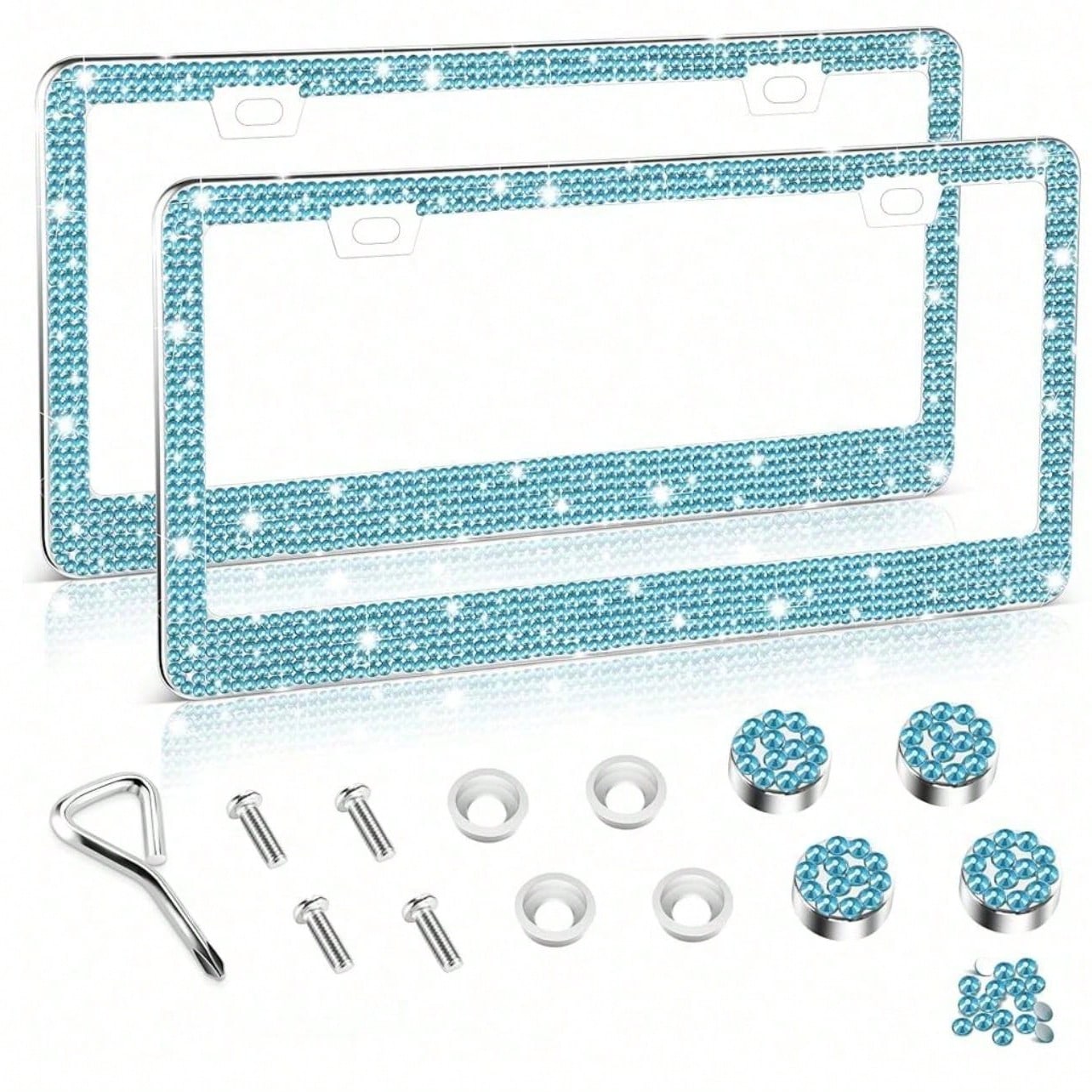 2 PCS Bling License Plate Frame, Stainless Steel Glitter Crystal Diamond License Plate Cover Holder, Car Accessories Outdoorfun