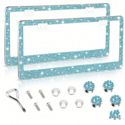 2 PCS Bling License Plate Frame, Stainless Steel Glitter Crystal Diamond License Plate Cover Holder, Car Accessories Outdoorfun