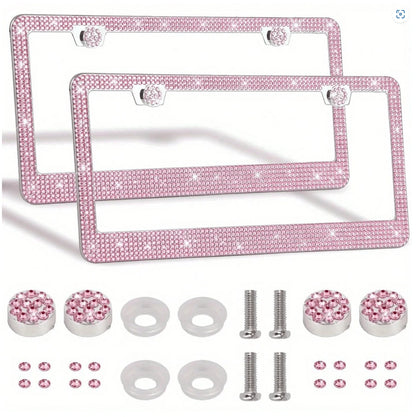 2 PCS Bling License Plate Frame, Stainless Steel Glitter Crystal Diamond License Plate Cover Holder, Car Accessories Outdoorfun