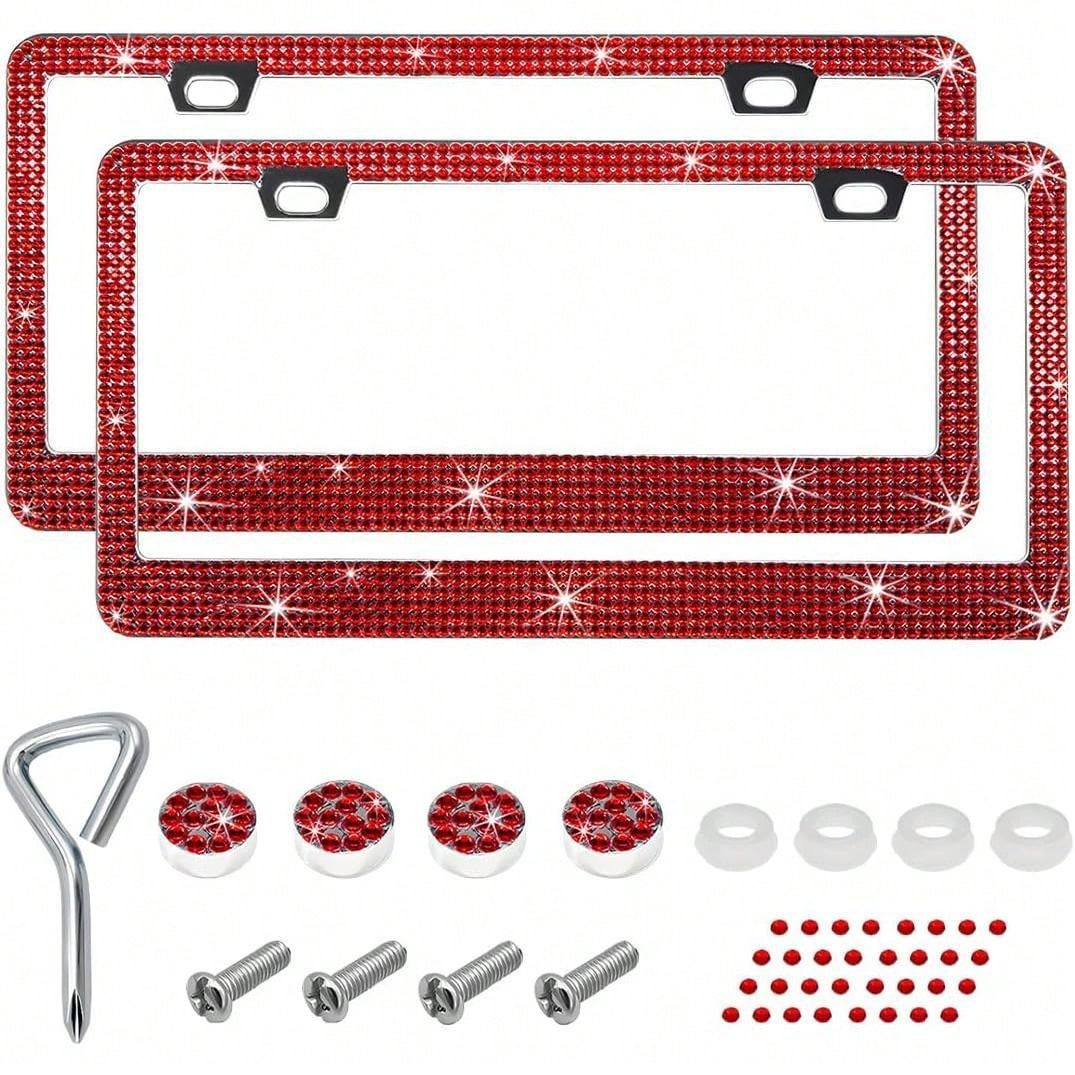 2 PCS Bling License Plate Frame, Stainless Steel Glitter Crystal Diamond License Plate Cover Holder, Car Accessories Outdoorfun