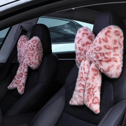 2 Pcs Car Neck Pillow Plush Bow Headrest Pillow Pink Leopard Seat Neck Support Accessories For Driving Travel