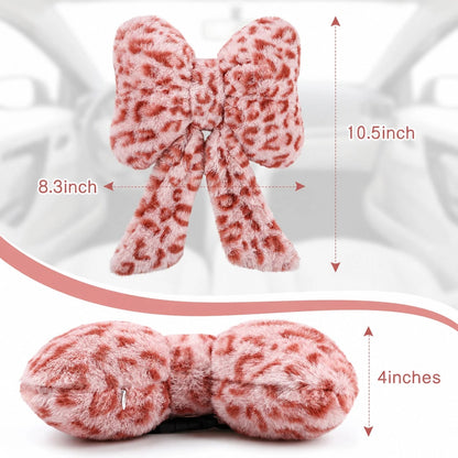 2 Pcs Car Neck Pillow Plush Bow Headrest Pillow Pink Leopard Seat Neck Support Accessories For Driving Travel